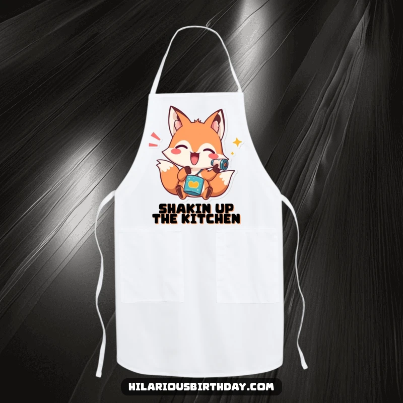 Funny apron with a playful fox character enthusiastically shaking a noisemaker, adding humor to kitchen activities.
