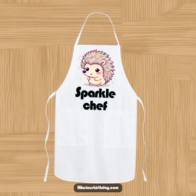 Funny Kawaii hedgehog covered in streamers and glitter on an apron, perfect for a party chef.