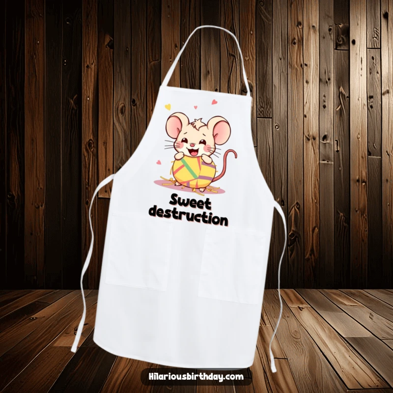 Funny Kawaii mouse smashing a piñata on an apron, adding party fun to cooking.