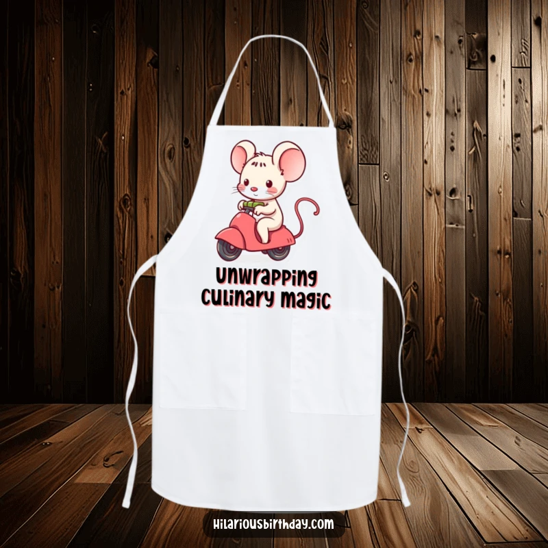Funny kawaii mouse character in an apron, riding a gift that's unwrapping, ideal for a kitchen accessory.