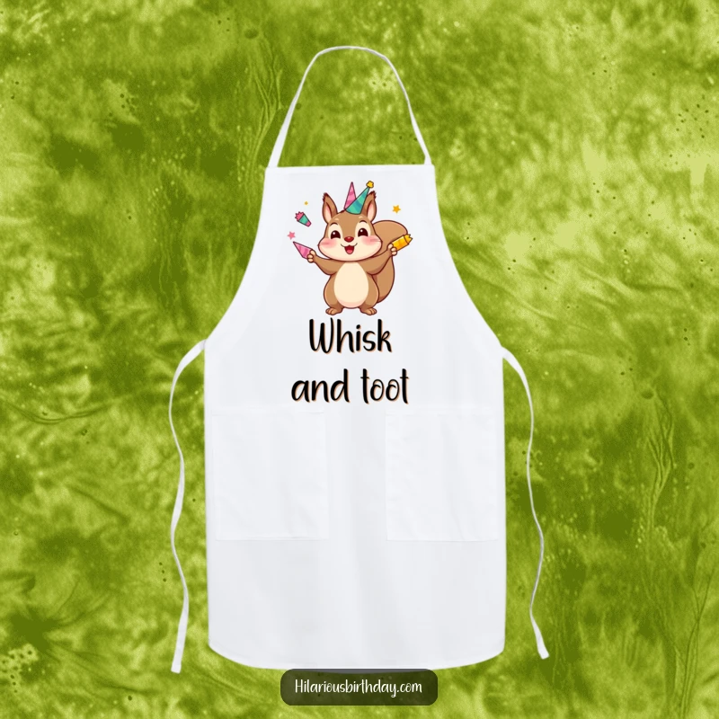 Funny apron showcasing a kawaii squirrel character juggling brightly colored party horns, ready to add festive humor to meal preparation.