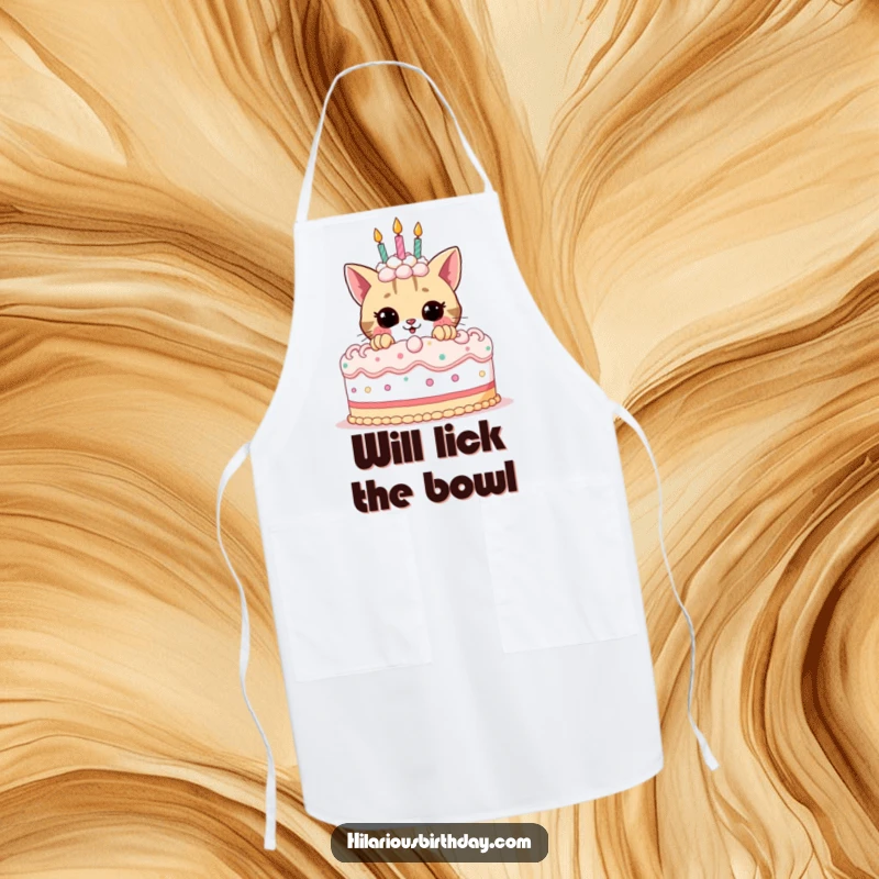 Funny birthday apron with a playful cat character peeking from behind a huge, decorated birthday cake, ready for kitchen fun.