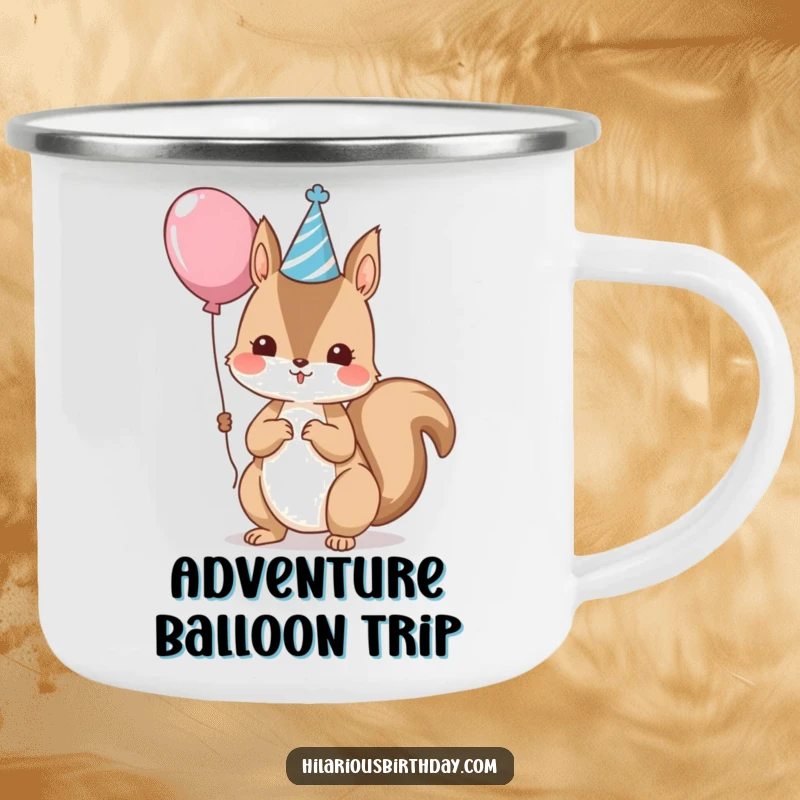Funny kawaii squirrel in party hat holding a balloon, a durable camping mug, perfect funny gift.