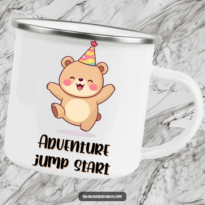 Funny kawaii bear in party hat, jumping joyfully, a durable camping mug, perfect funny gift for adventurers.
