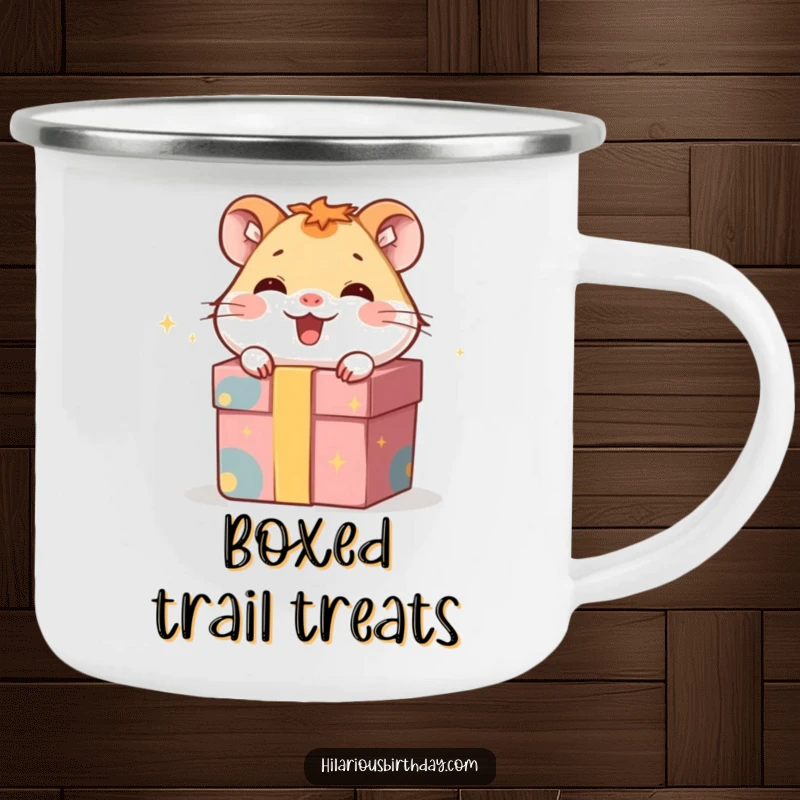 Funny camping mug with a giggling hamster character hiding inside a gift box, perfect for cheerful outdoor sipping.