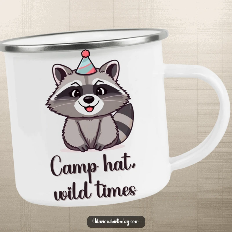 Funny raccoon camping mug showing a beaming raccoon wearing a silly, oversized party hat, ready for adventure.