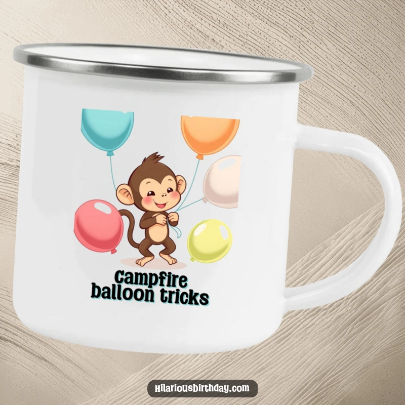 Funny monkey camping mug depicting a mischievous monkey trying to tie balloons, great for outdoor enthusiasts.
