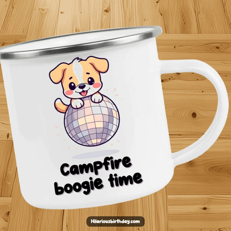 Funny kawaii dog character playfully bouncing on a large disco ball, on a robust camping mug.