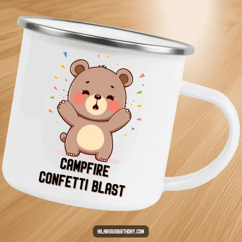 Funny camping mug with a gleeful Kawaii bear playfully tossing colorful confetti, ideal for outdoor festivities.