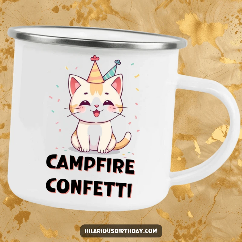 Funny Kawaii cat camping mug with a cute character in a party hat, playfully tossing confetti, durable and humorous drinkware for outdoor celebrations.
