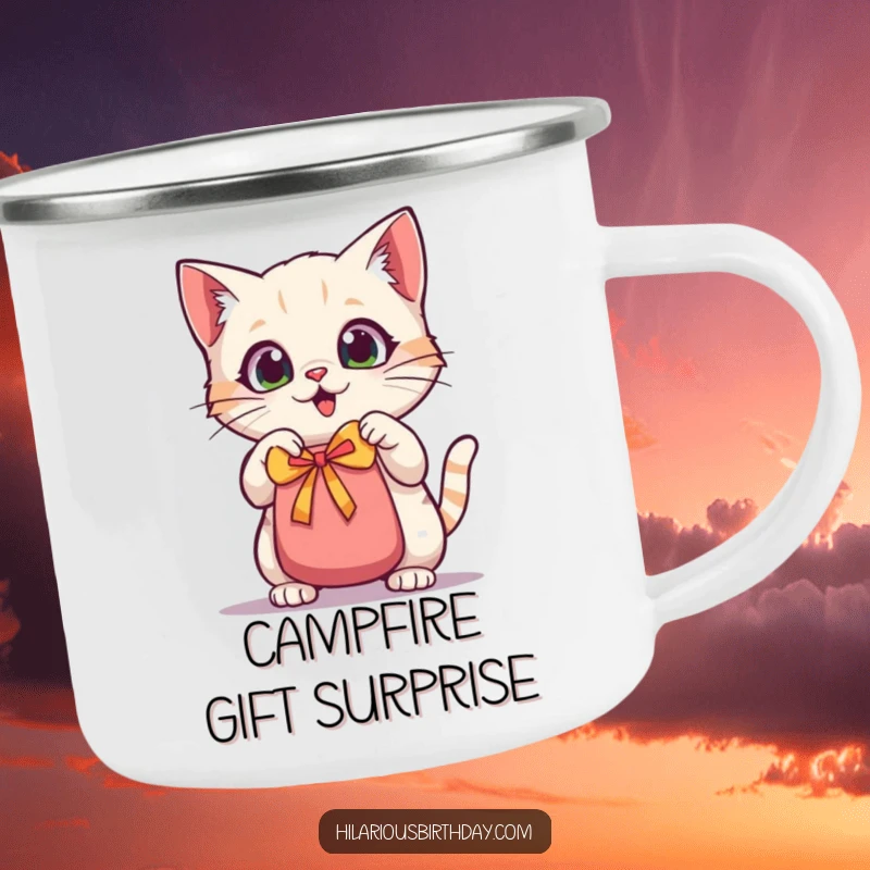 Funny kawaii cat camping mug, a wide-eyed cat shaking a gift bag, ready for outdoor adventures with excitement.