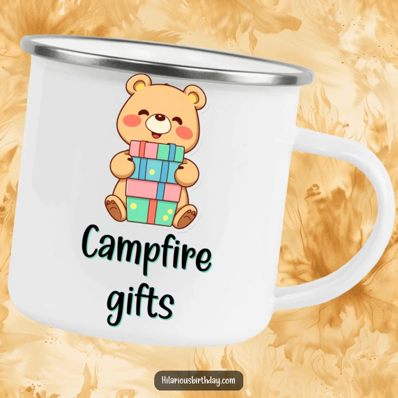 Funny bear camping mug with a smiling character joyfully balancing a stack of presents, durable and humorous drinkware for outdoor celebrations.