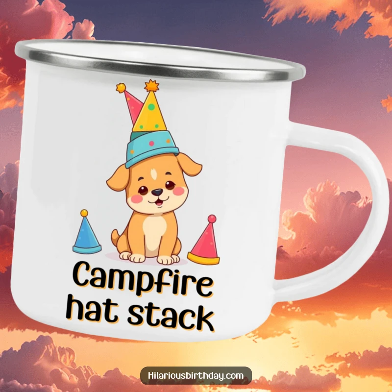 Funny determined dog balancing party hats, on a durable camping mug, ideal for outdoor fun and a funny gift.