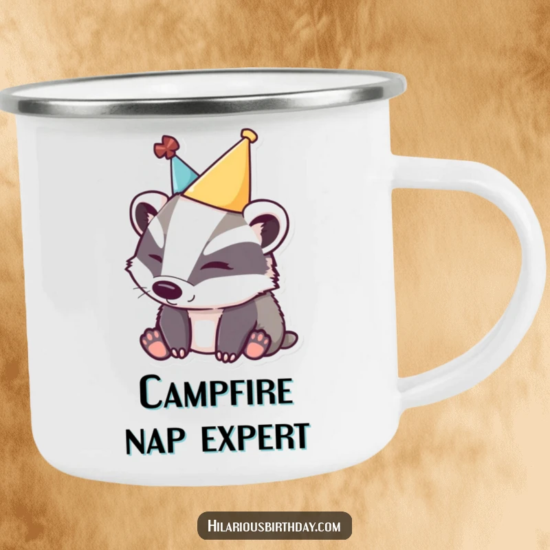 Funny sleepy badger camping mug depicting a tired badger in a party hat, great for outdoor enthusiasts.