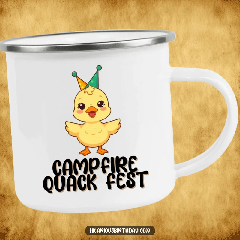 Funny duckling wearing a party crown quacks joyfully on this camping mug, ready for outdoor celebrations.