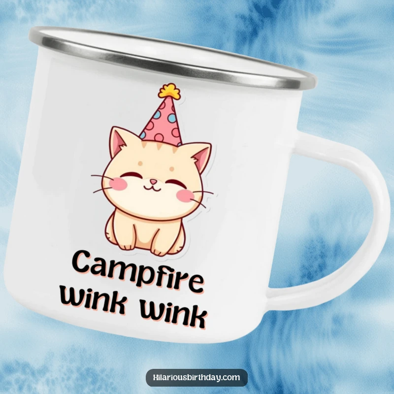 Funny kawaii cat character wearing a party hat and winking on a sturdy camping mug.