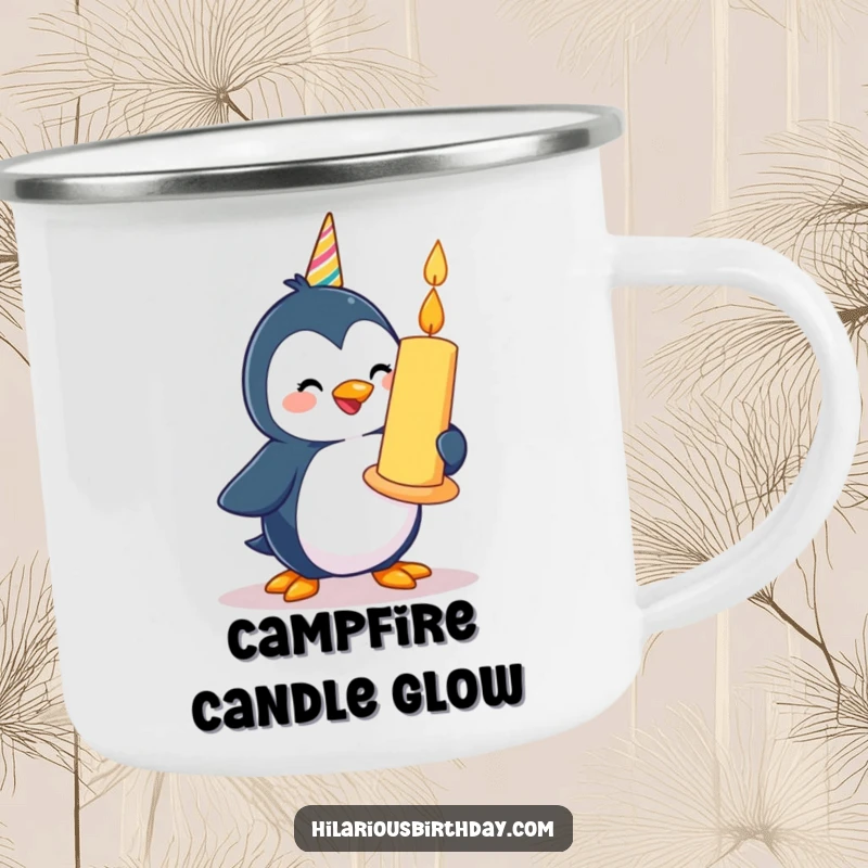 Funny happy penguin character waddling with a giant birthday candle, on a rugged camping mug.