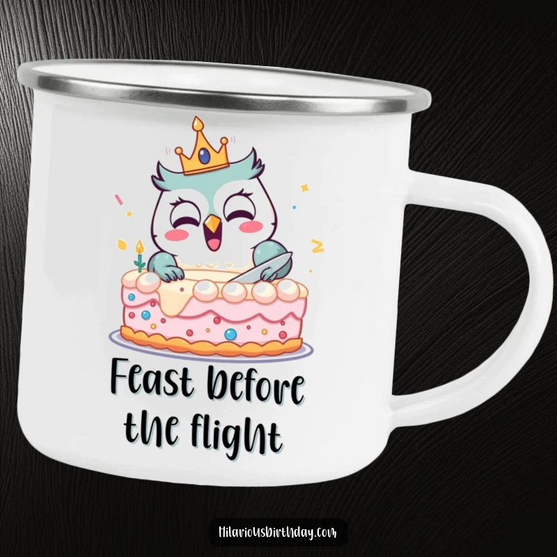 Funny camping mug featuring a delighted owl with a birthday crown, joyfully cutting a large cake, for outdoor celebrations.