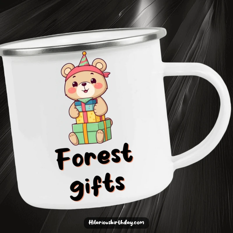Funny camping mug featuring a smiling bear in a birthday bandana, gleefully stacking colorful gift boxes, perfect for festive outdoor sips.