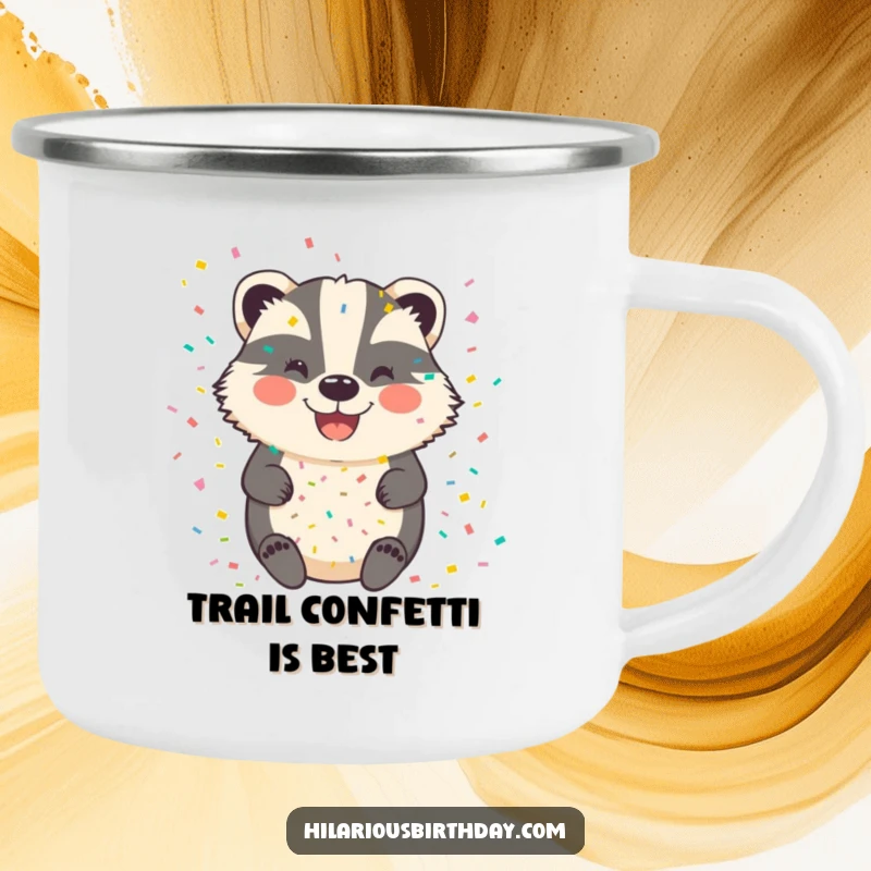 Funny badger camping mug showing a happy, smiling badger completely immersed in a shower of confetti.