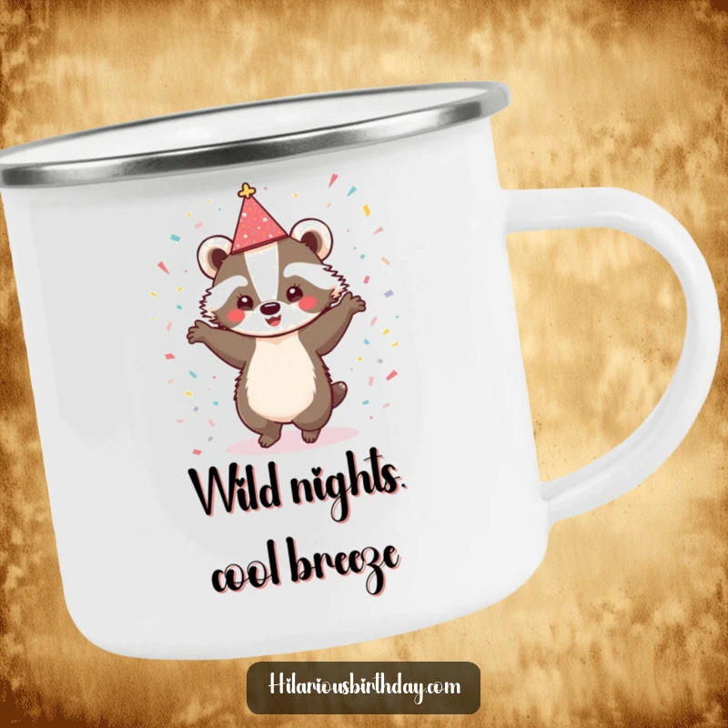 Funny camping mug featuring a cute badger with a sparkly hat, dancing enthusiastically amongst confetti, for outdoor parties.
