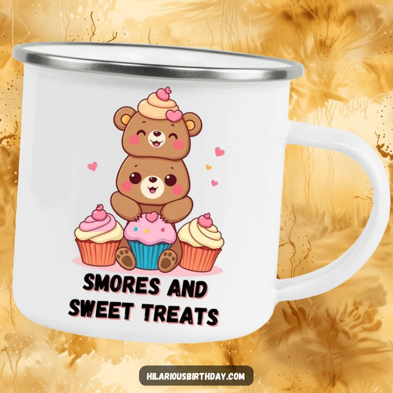 Funny bear camping mug featuring a cheerful bear character stacking brightly colored cupcakes, perfect for campers.