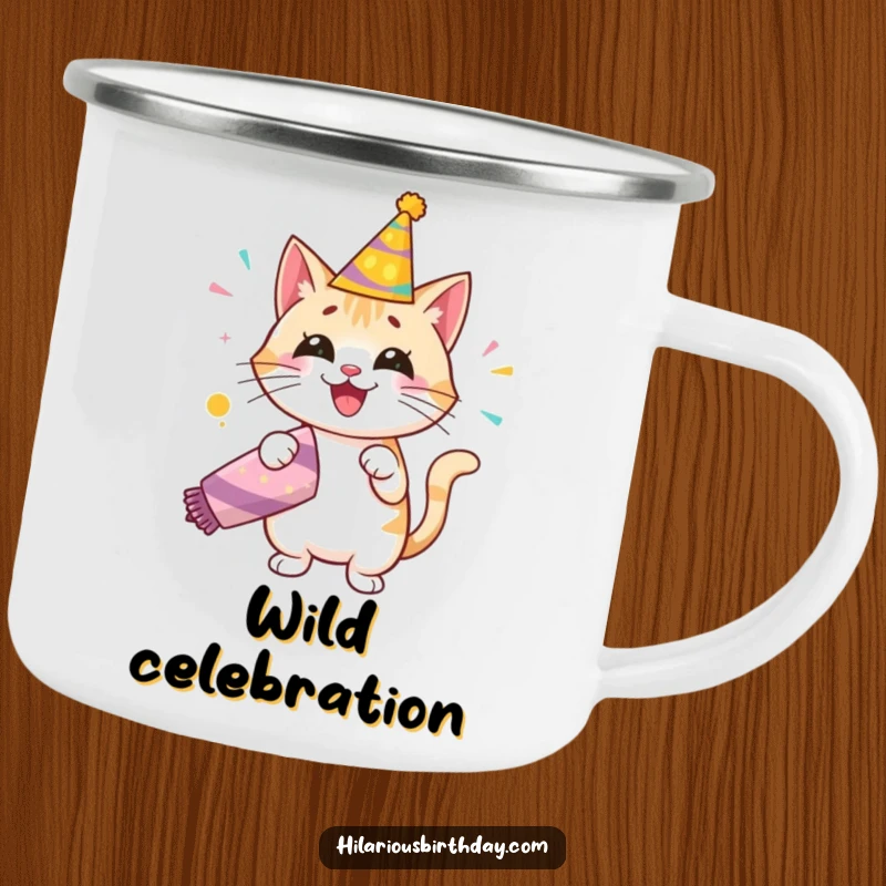 Funny camping mug featuring a happy cat in a birthday hat, humorously popping a giant party popper, ideal for festive outdoor sips.