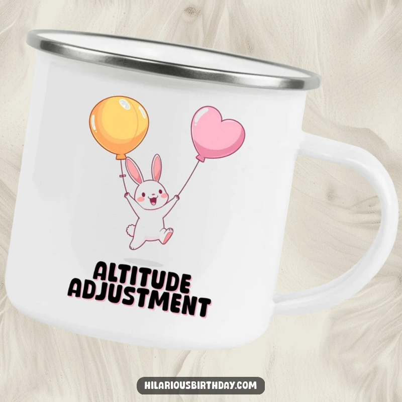 Funny camping mug featuring a bunny character jumping to catch a balloon, perfect for adding cheer to outdoor activities and hot beverages.