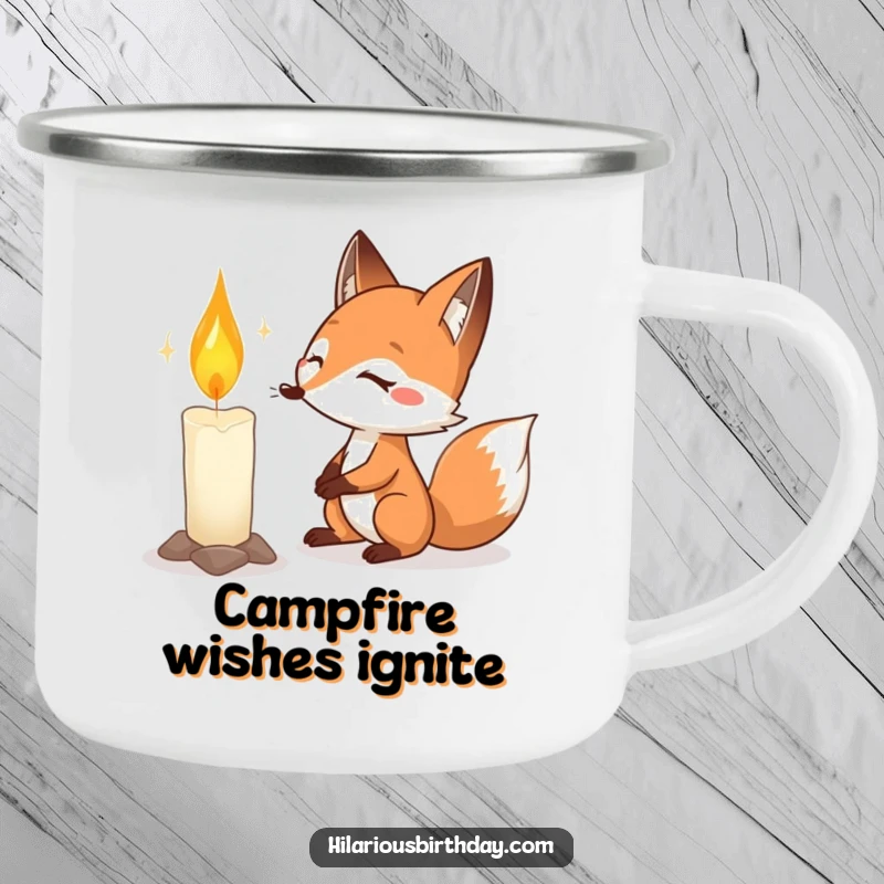 Funny fox birthday camping mug depicting a determined fox intensely focused on blowing out a large, lit birthday candle.
