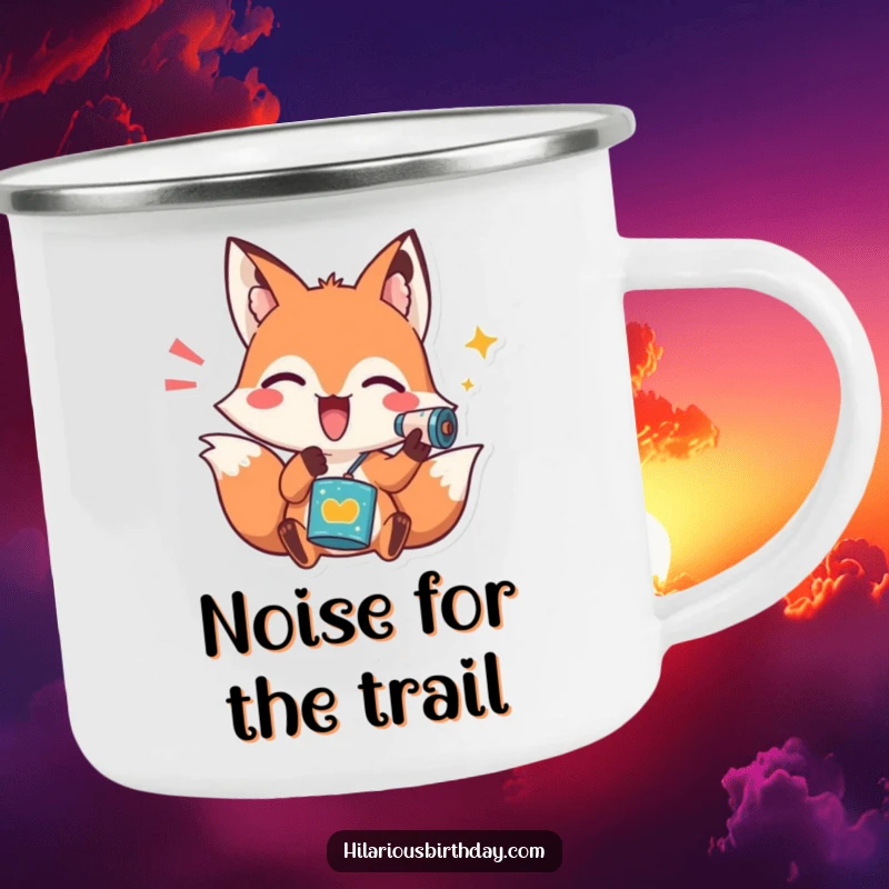 Funny camping mug featuring a playful fox character shaking a noisemaker, perfect for outdoor celebrations and adding cheer.