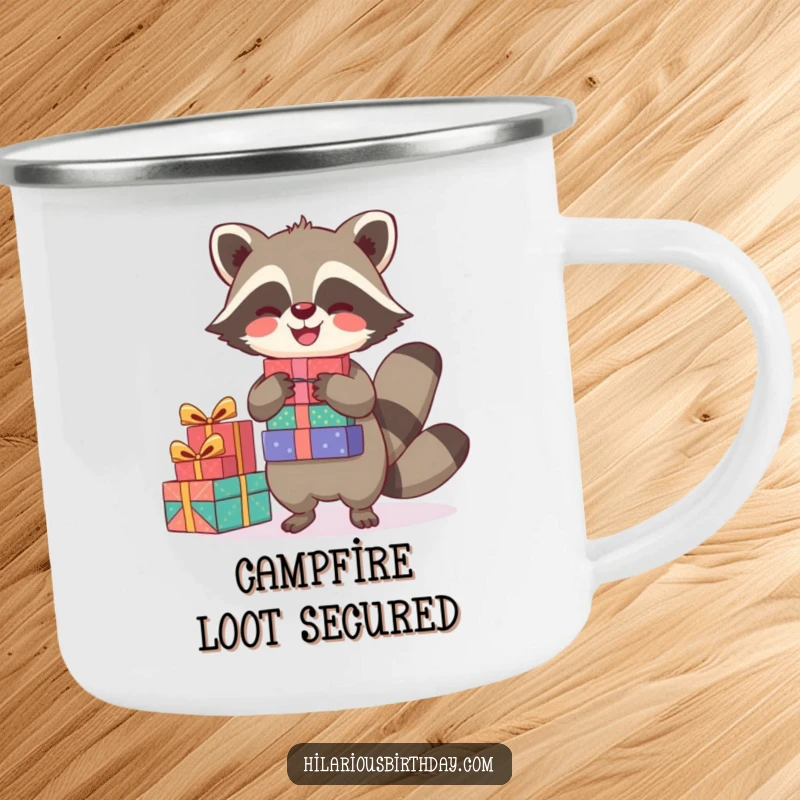 Funny camping mug with a joyful raccoon character balancing a stack of presents, perfect for cheerful outdoor sipping.
