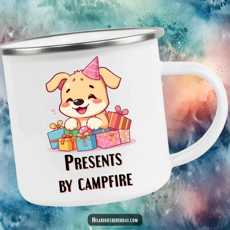 Funny kawaii dog camping mug, a smiling dog sitting by a pile of birthday presents, ready for outdoor fun.