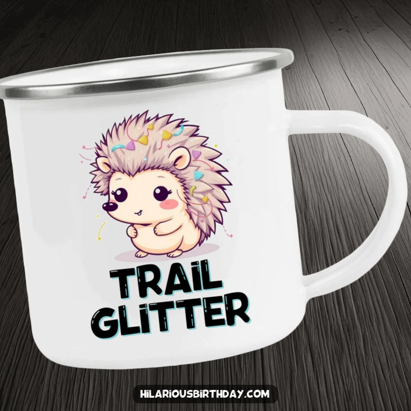 Funny Kawaii hedgehog covered in streamers and glitter on a camping mug, ideal for outdoor parties.