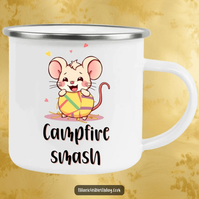 Funny Kawaii mouse smashing a piñata on a camping mug, ready for outdoor fun and humor.