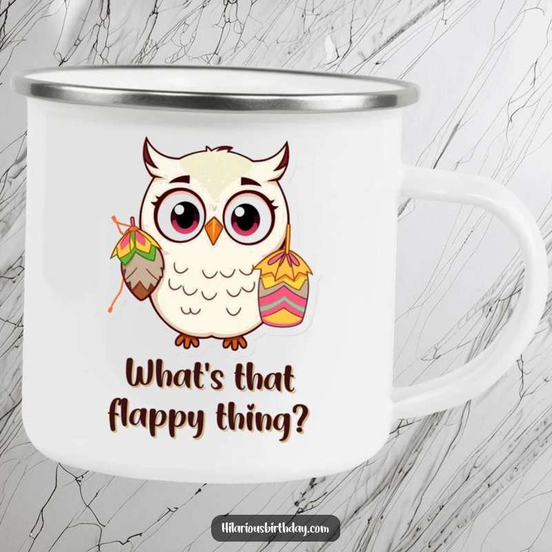 Funny Kawaii Owl Camping Mug: A wide-eyed, shocked owl character stares at a piñata, ideal for outdoor use and as a funny gift.