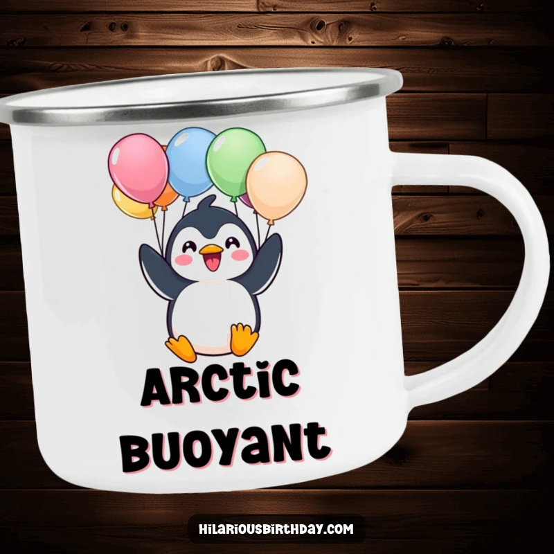 Funny camping mug featuring a cheerful Kawaii penguin character excitedly holding a bunch of colorful balloons, ready for outdoor fun.