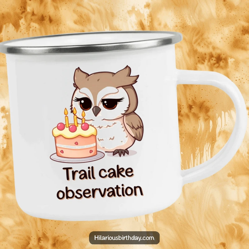 Funny owl character intently studying a whimsical birthday cake on this durable camping mug, perfect for outdoor contemplation, a funny gift.