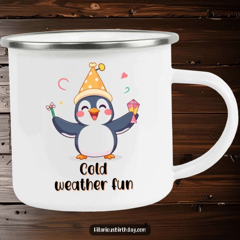 Funny camping mug featuring a happy penguin with a festive hat, gleefully juggling party favors, for outdoor fun.