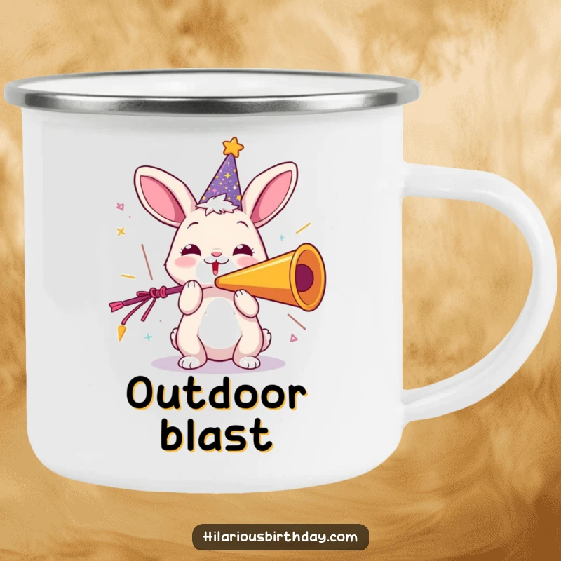 Funny camping mug featuring a playful rabbit in a party hat, joyfully blowing a giant party horn, perfect for festive outdoor sips.