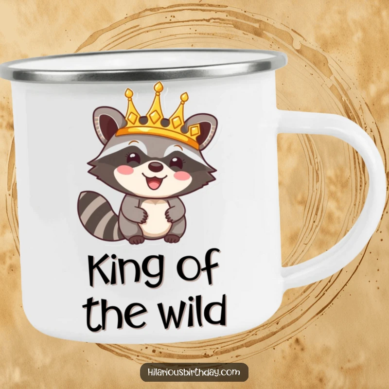 Funny camping mug with a happy raccoon character triumphantly wearing a shiny golden crown, a regal design for outdoor enjoyment.