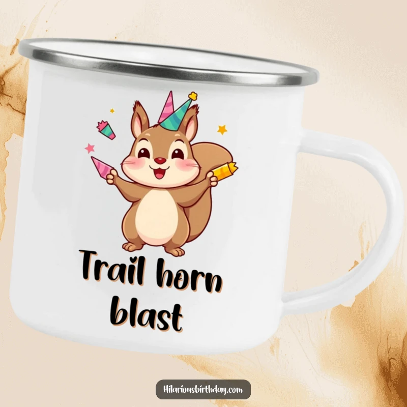 Funny camping mug featuring a kawaii squirrel character juggling brightly colored party horns, perfect for outdoor adventures with a humorous touch.