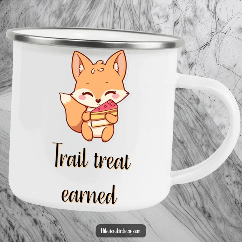 Funny camping mug with a winking fox character holding a slice of cake, perfect for enjoying treats outdoors.