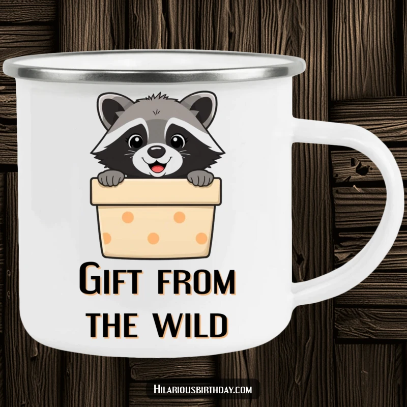 Funny raccoon camping mug, designed with a raccoon peeking from a gift box. Durable and humorous for outdoors.