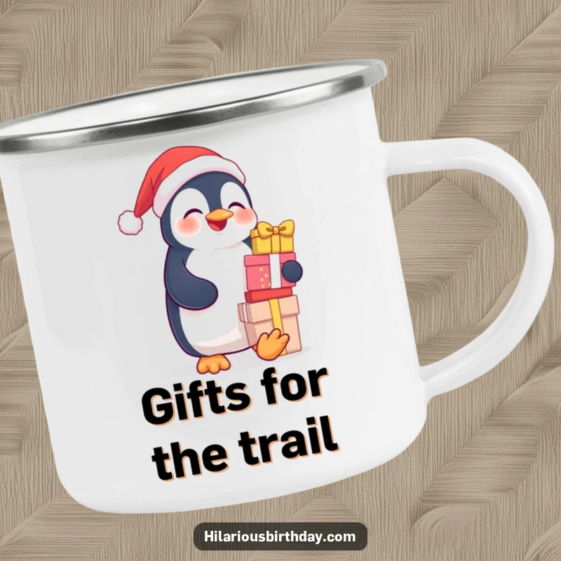 Funny enamel camping mug featuring a giggling penguin balancing a stack of gifts, ideal for outdoor escapades.