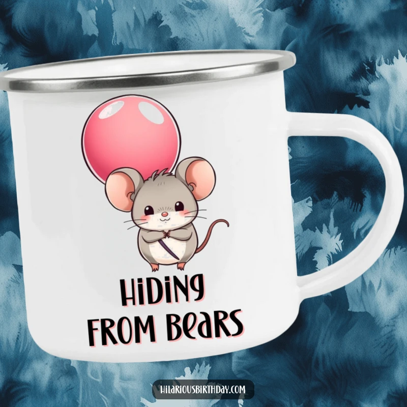Funny camping mug featuring a round mouse character hiding behind a colorful balloon, perfect for outdoor fun and surprises.