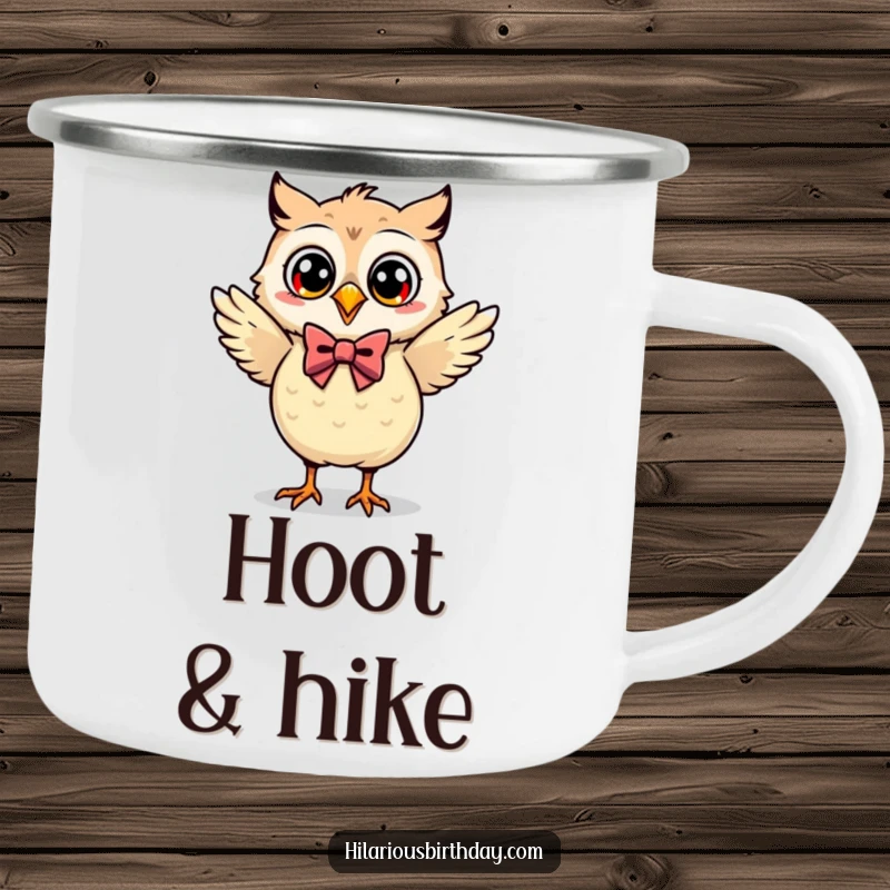 Funny Kawaii owl in a bow tie dancing on a durable camping mug, ideal for outdoor funny gift.