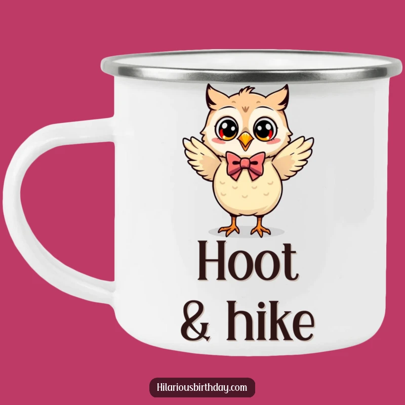 Funny Kawaii Owl Camping Mug: Adventure & Bow Tie Dancing Fun!