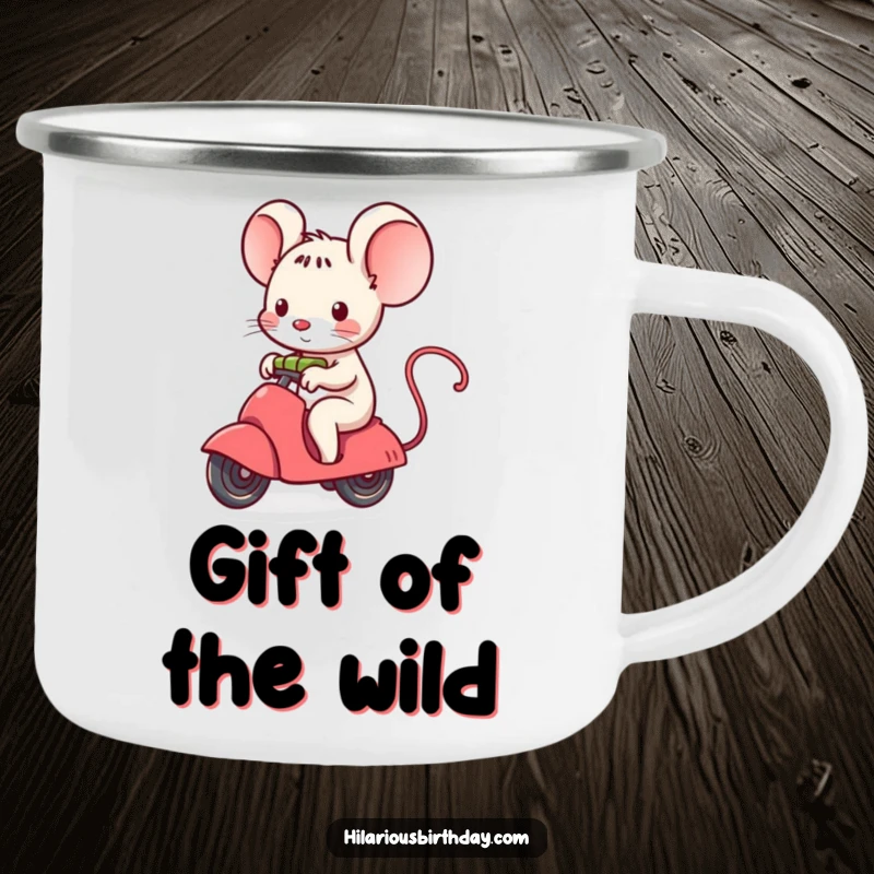 Funny kawaii mouse character riding a small, unwrapping gift on a sturdy camping mug.