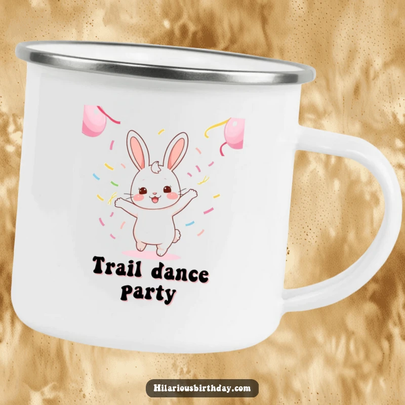 Funny kawaii rabbit character gleefully dancing with streamers on a sturdy camping mug.