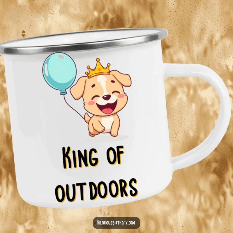 Funny camping mug featuring a giggling dog wearing a crown, gleefully chasing a floating balloon, perfect for outdoor enthusiasts.